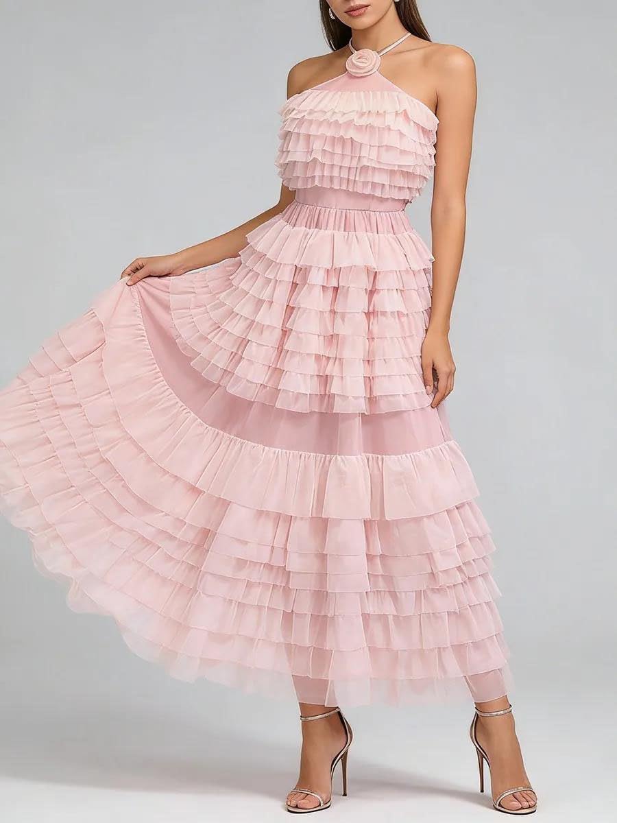 Women's Ruffle Tulle Halter Midi Dress Tiered Black Women's Ruffle Tulle Halter Midi Dress Tiered Black