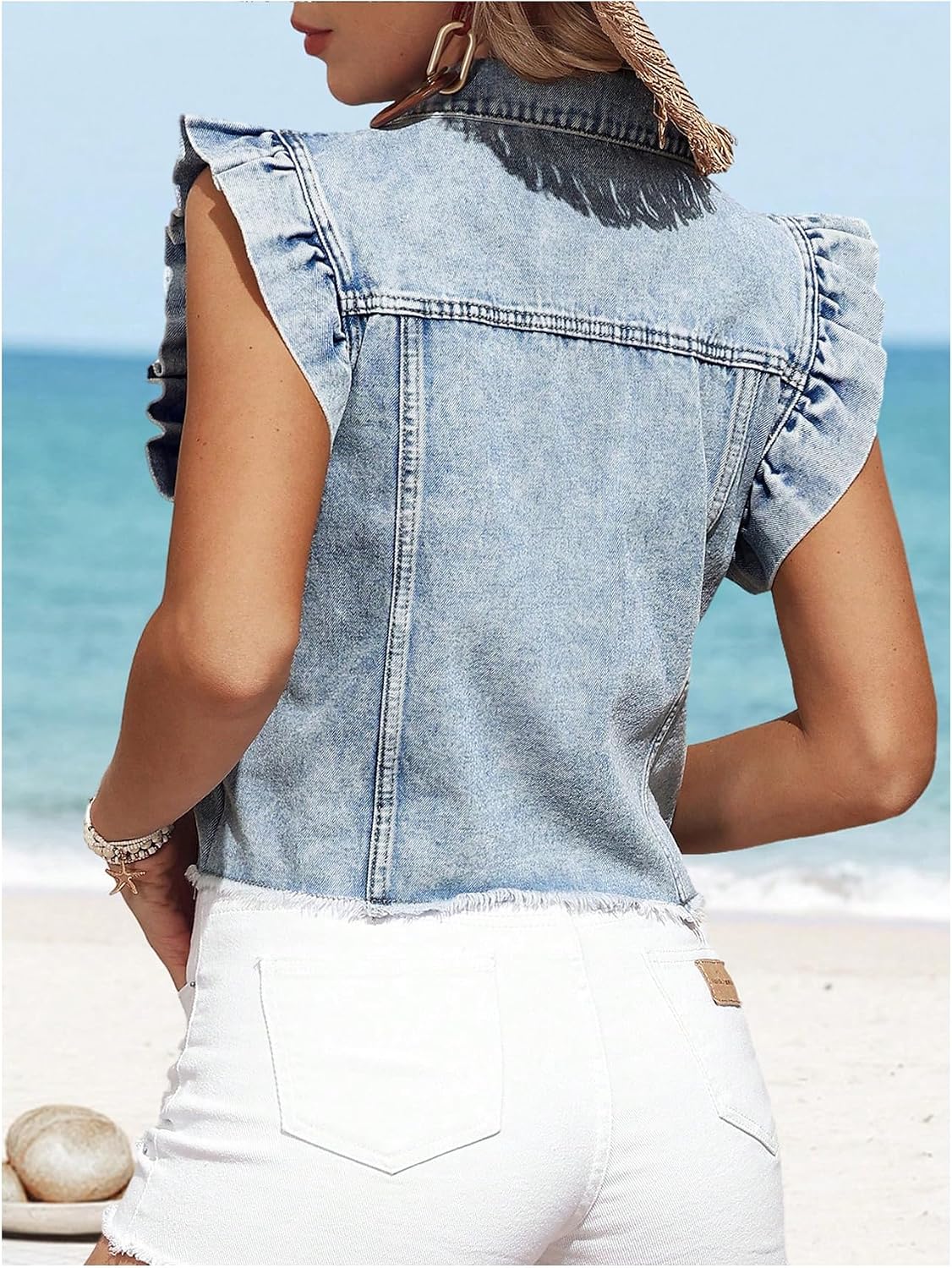 Women's Ruffle Sleeveless Denim Vest Light Wash Frayed Hem Women's Ruffle Sleeveless Denim Vest Light Wash Frayed Hem