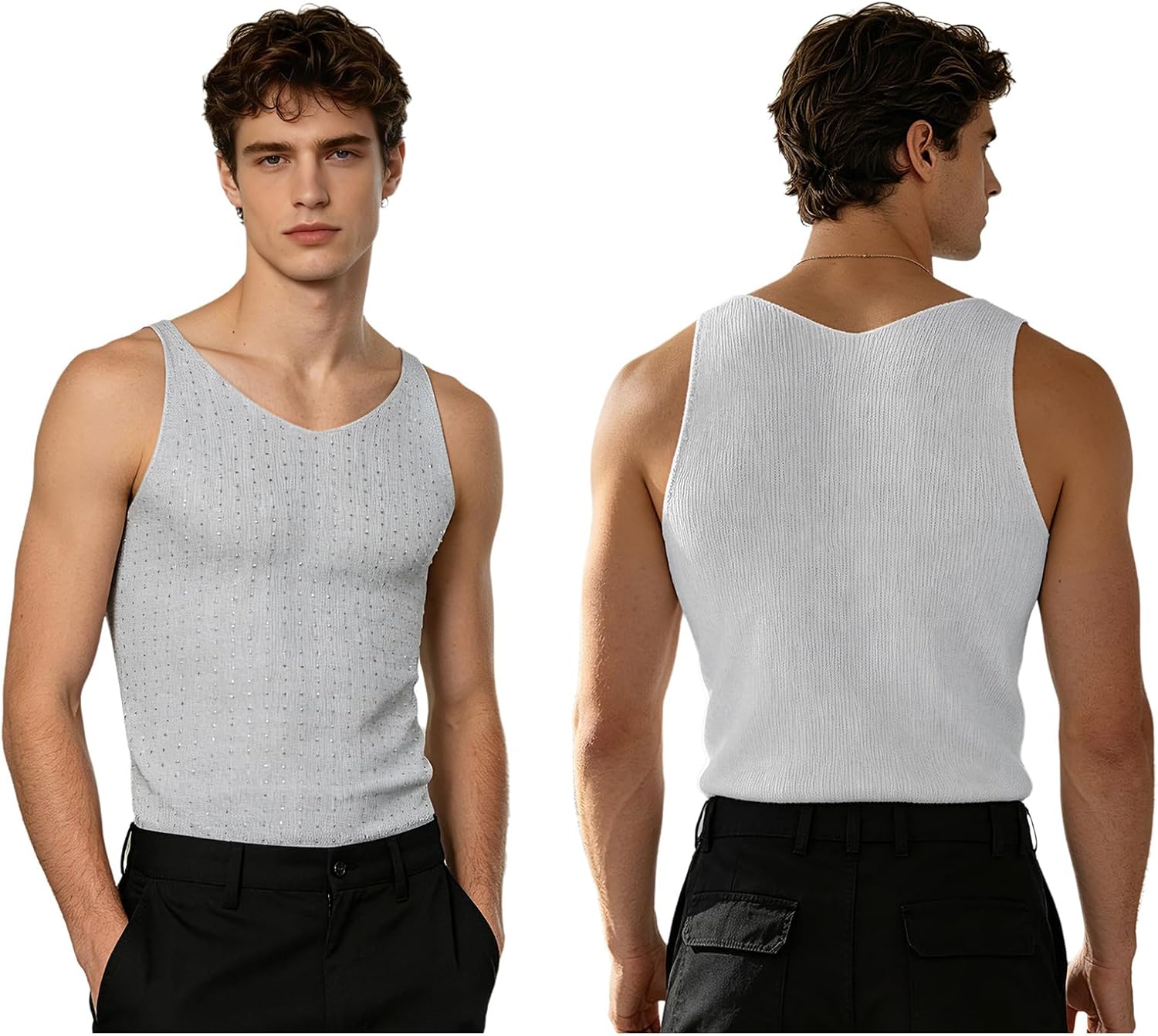 Men's Rhinestone V Neck Tank Top Silver Grey