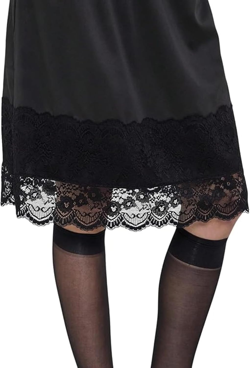 Women's Satin Lace Trim Midi Skirt Flowy Black