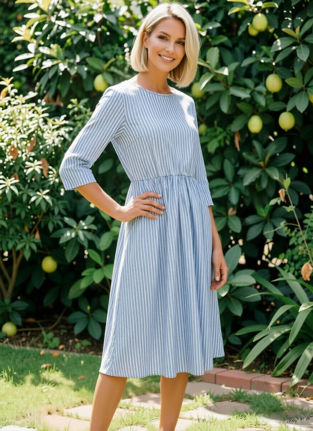 Dressy Dresses for Women Pleated Boho 3 4 Sleeve Midi Dress Side Pockets Flowy A-Line Casual Round Neck