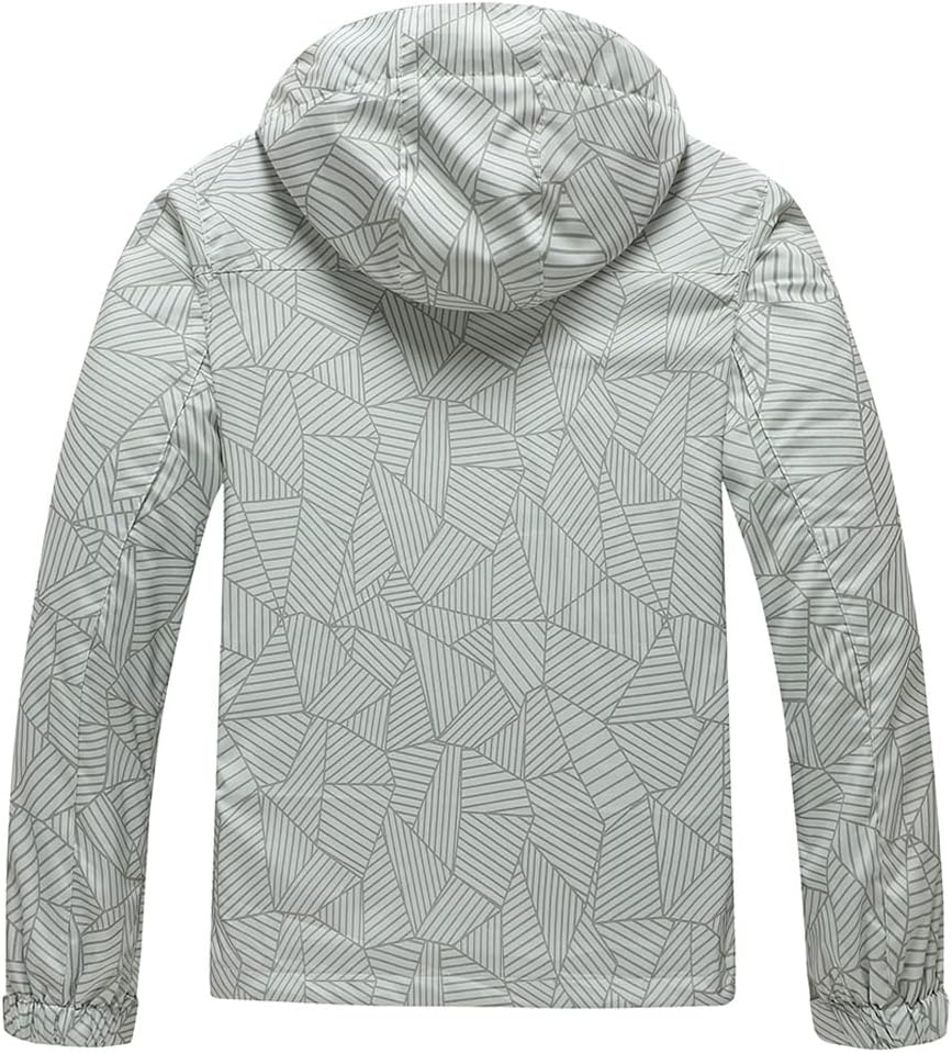Women's Packable Hooded Rain Jacket Grey Geometric Print Women's Packable Hooded Rain Jacket Grey Geometric Print