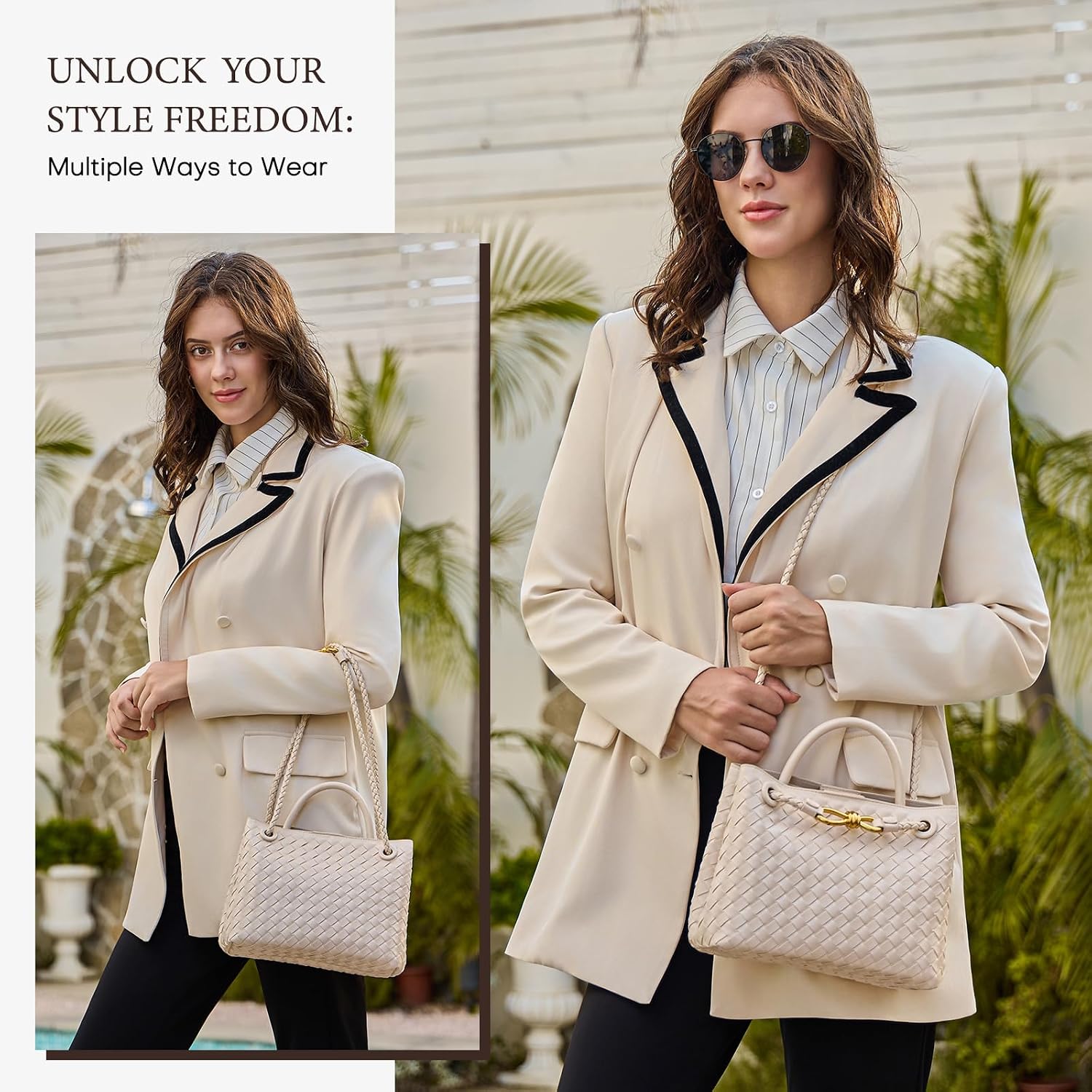 Women's Woven Vegan Leather Top-Handle Bag, Cream Women's Woven Vegan Leather Top-Handle Bag, Cream