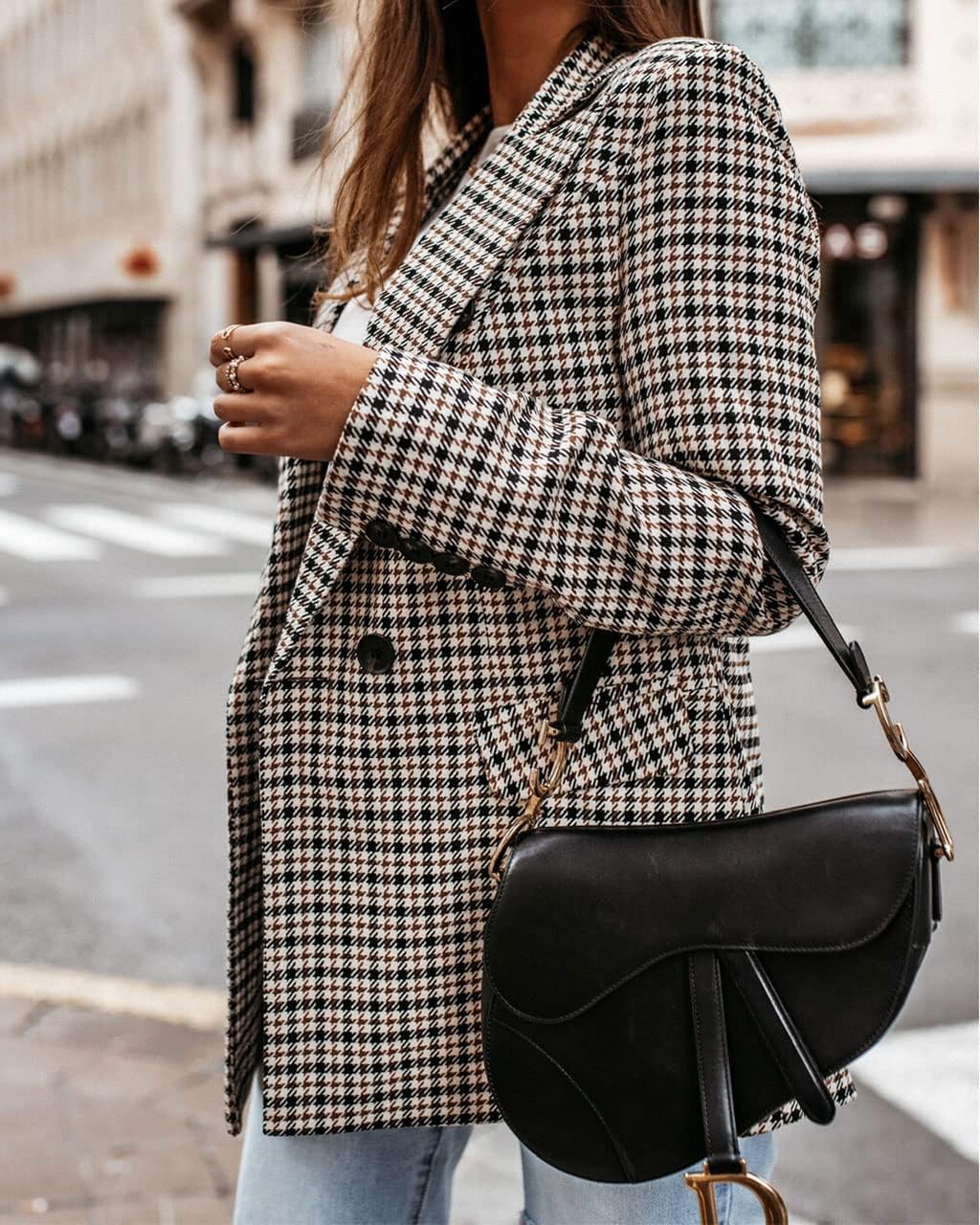 Women's Elegant Plaid Thoundstooth Blazer Double Breasted Fit Check Jacket Coat