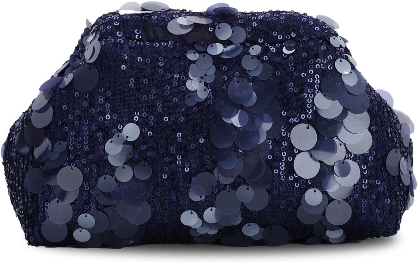 Women's Navy Sequin Dumpling Clutch with Detachable Chain Strap