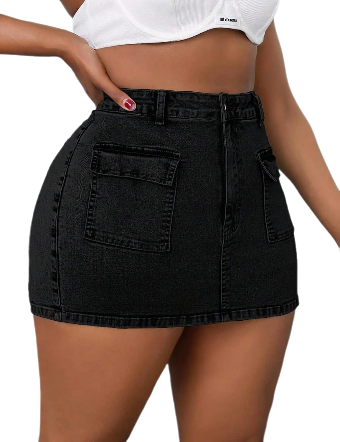 Women's High Waisted Cargo Denim Skort Black