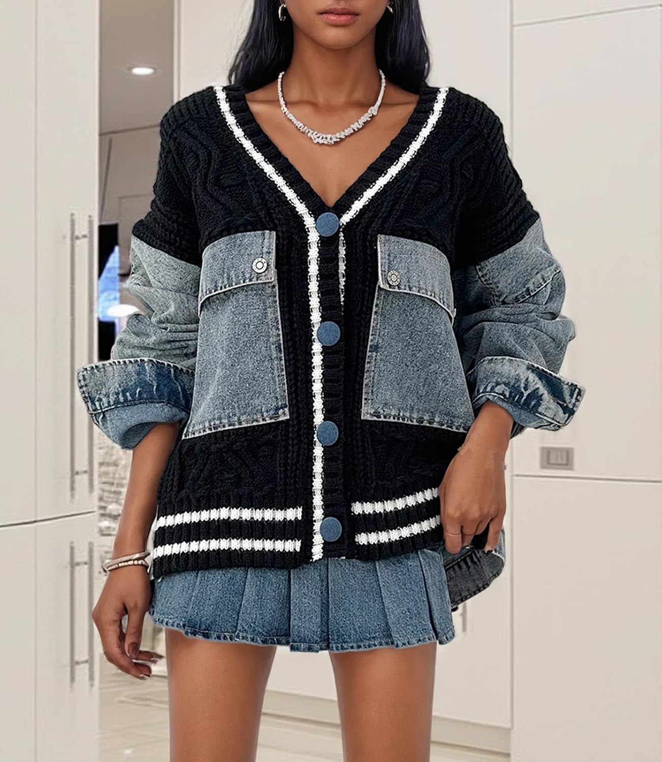 Women Open Front Sweater Cardigan Denim Patchwork Long Sleeve Chunky Knit Button Down Jackets with Pockets