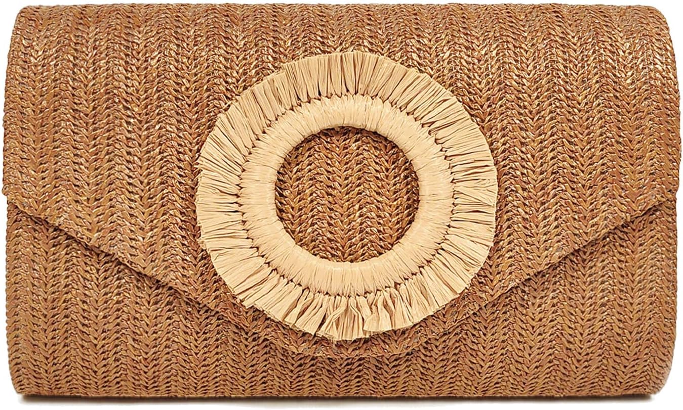 Women's Woven Straw Envelope Clutch with Gold Chain