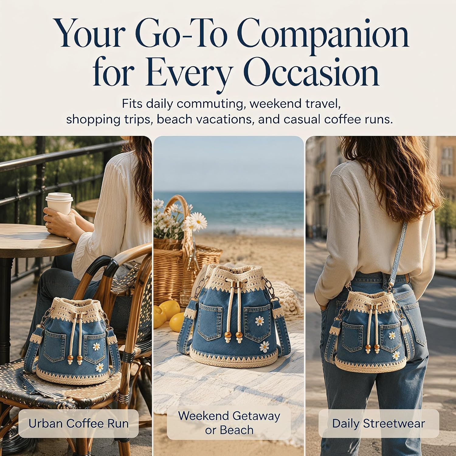 Women's Denim Crochet Bucket Tote Bag Blue Women's Denim Crochet Bucket Tote Bag Blue