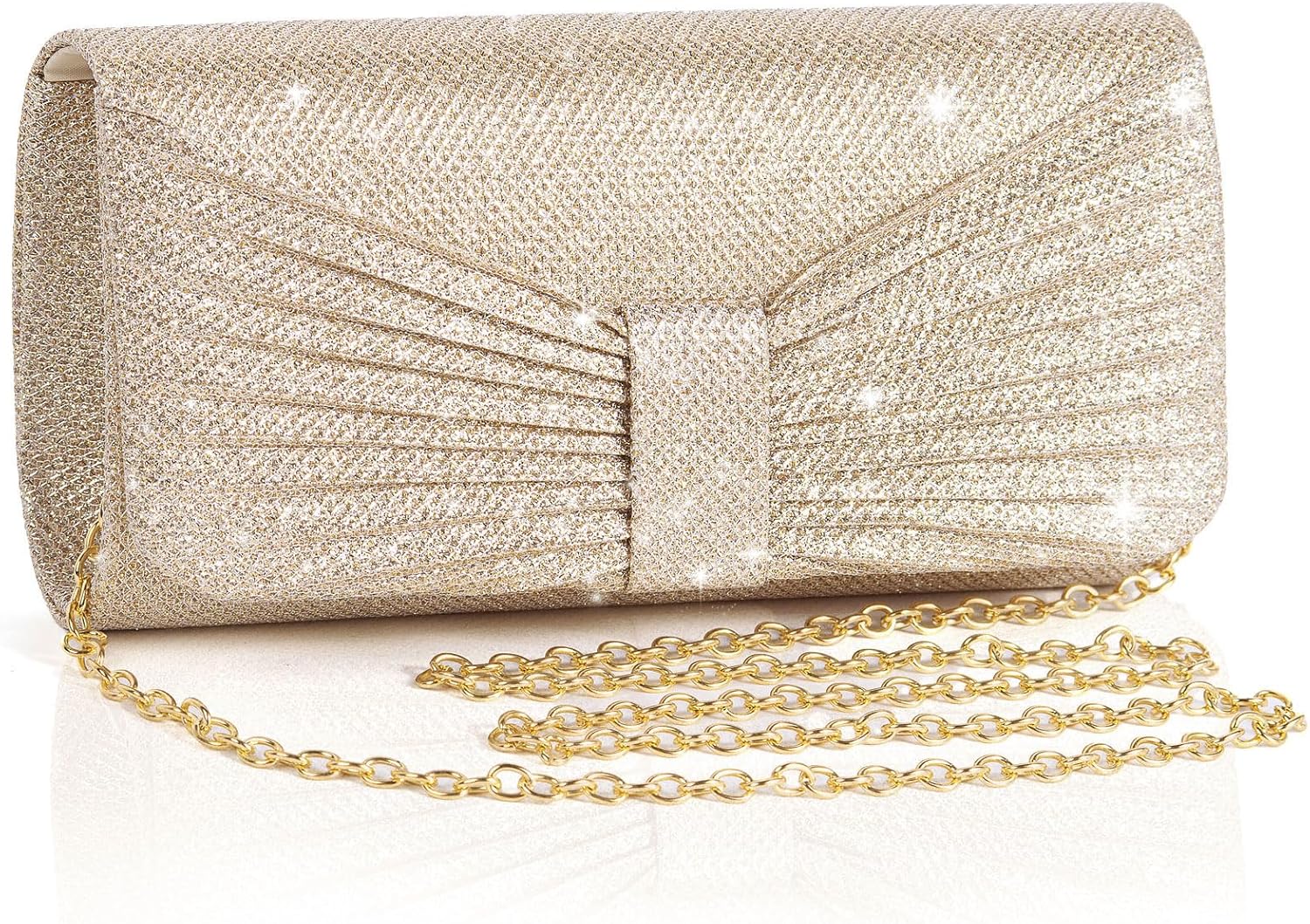 Women's Gold Glitter Envelope Clutch with Bow and Chain