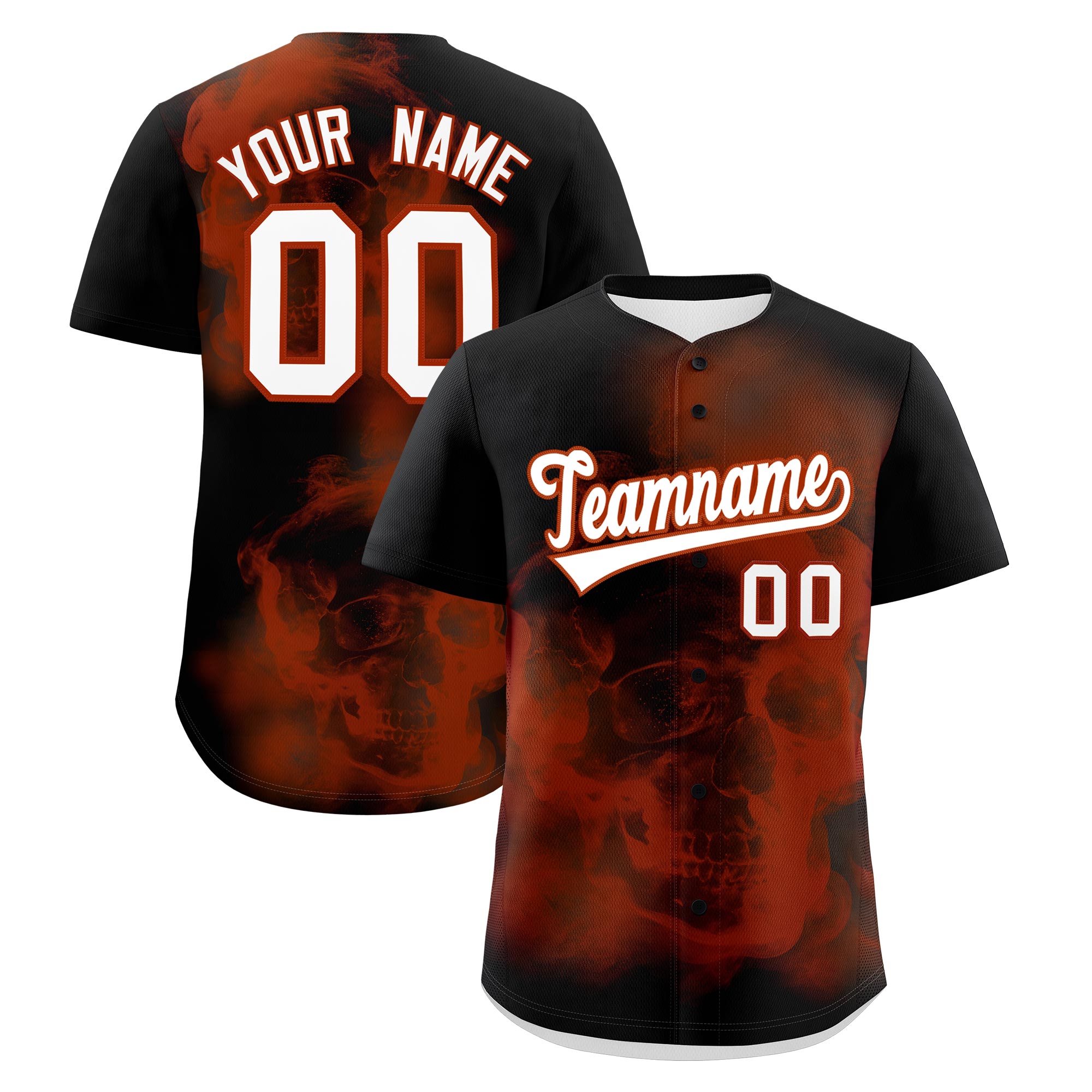 Benutzerdefiniertes schwarz-dunkelorange-weißes Skelett-Graffiti-Muster, schnell trocknendes Baseball-Trikot
