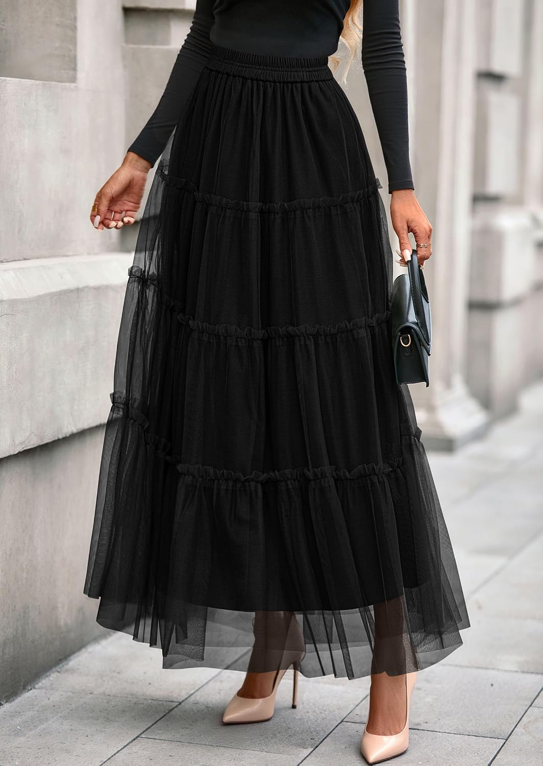 Women's Tulle Tiered Maxi Skirt Elastic Waist Black