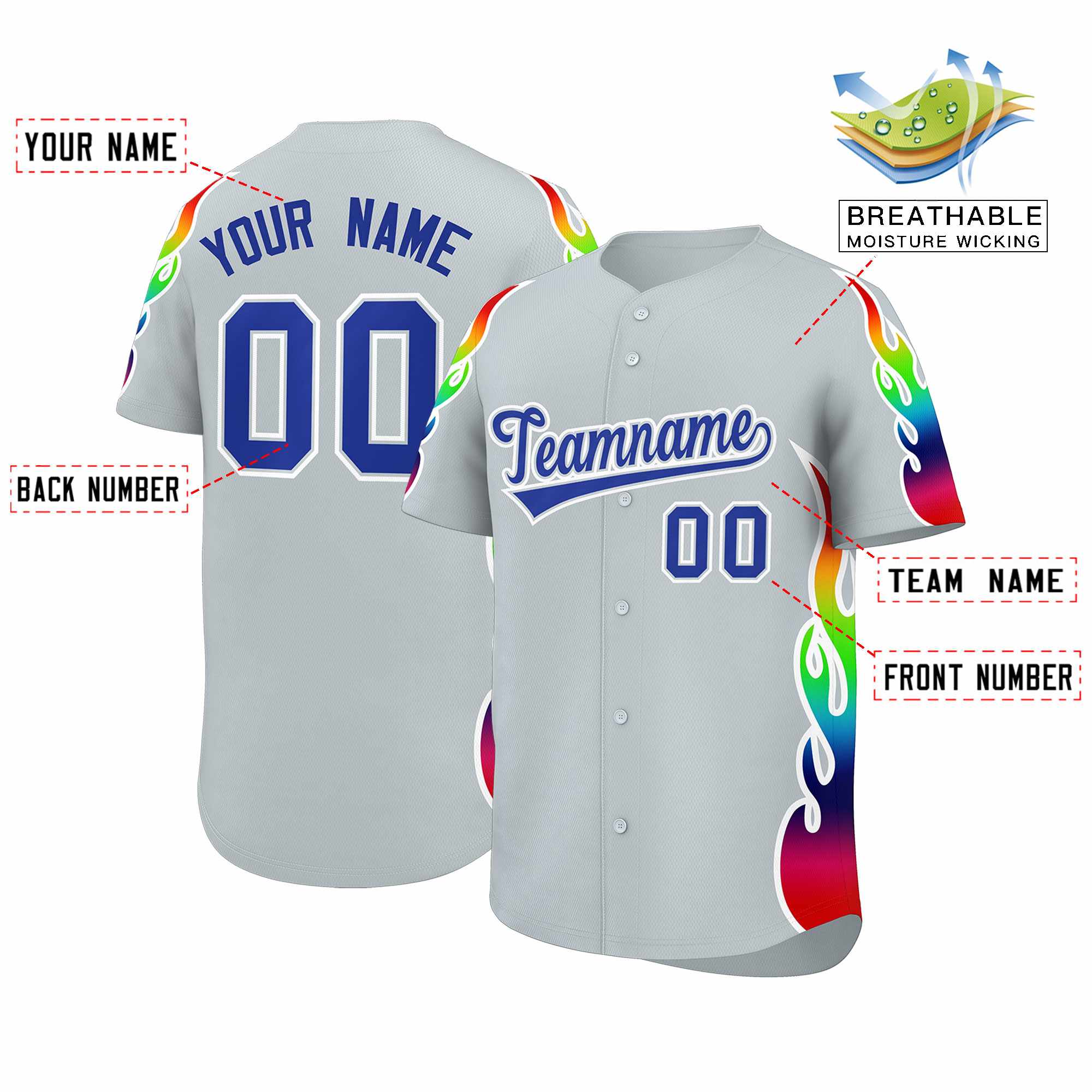 Benutzerdefiniertes Graffiti-Muster, personalisierter mehrfarbiger Flammendruck, authentisches Baseball-Trikot
