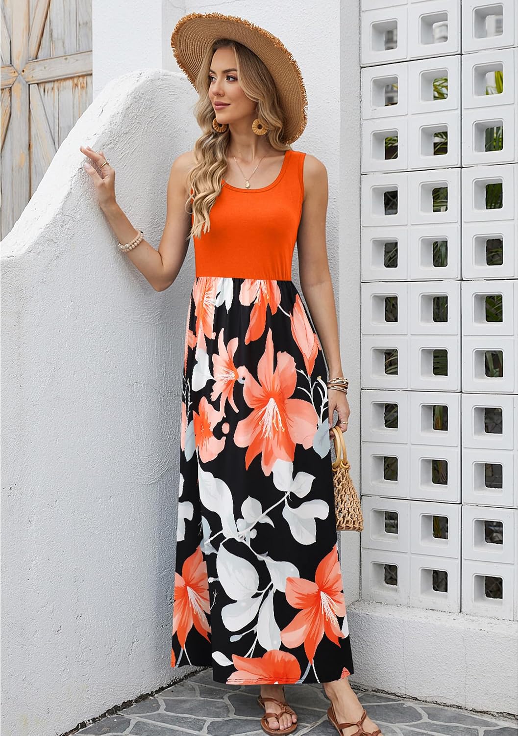 Women's Floral Print Maxi Dress Tank Scoop Neck Orange