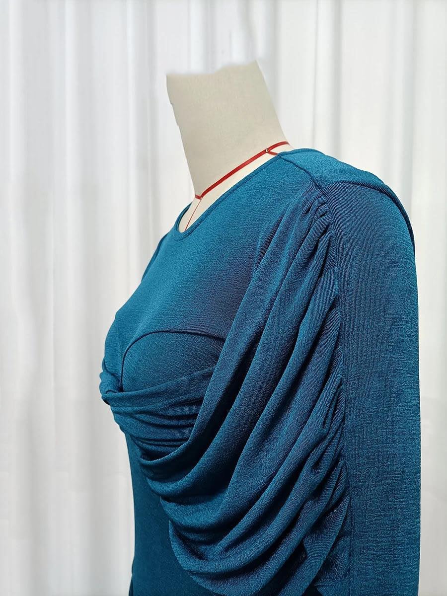 Women's Draped Ruched Maxi Dress Long Sleeve Teal Blue