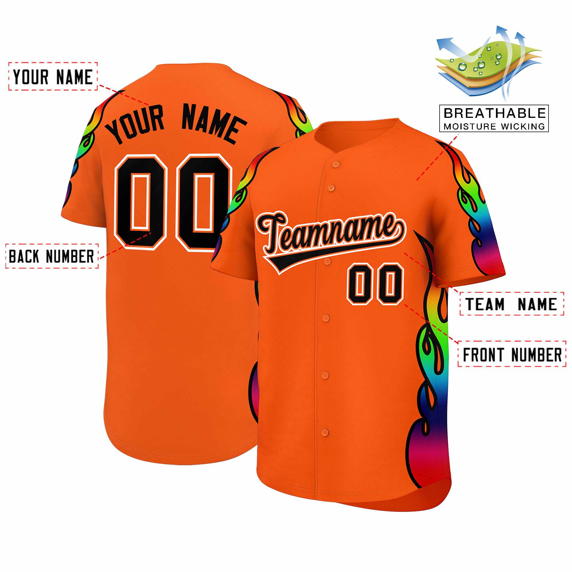 Benutzerdefiniertes Graffiti-Muster, personalisierter mehrfarbiger Flammendruck, authentisches Baseball-Trikot