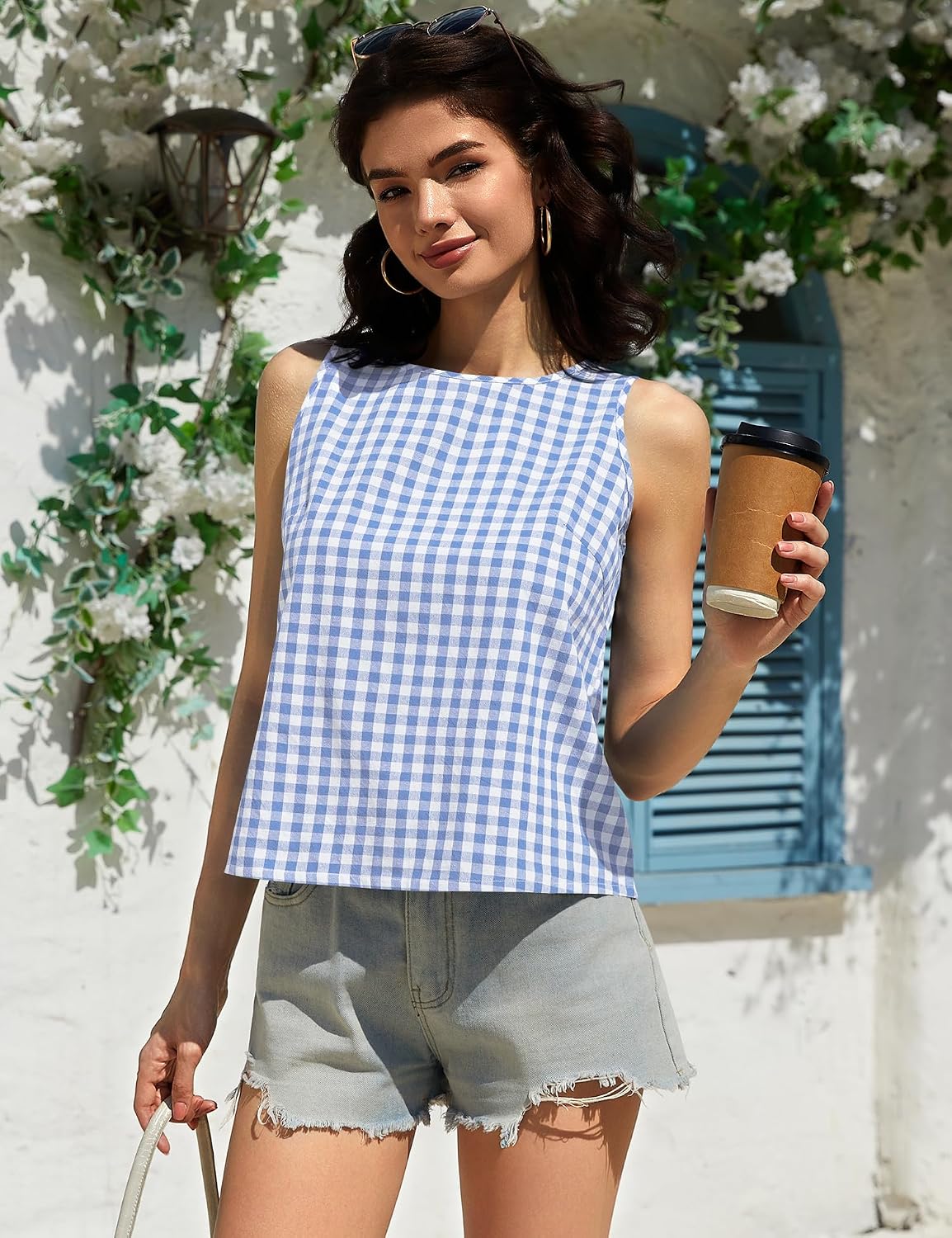 Women's Gingham Print Crew Neck Tank Top Blue