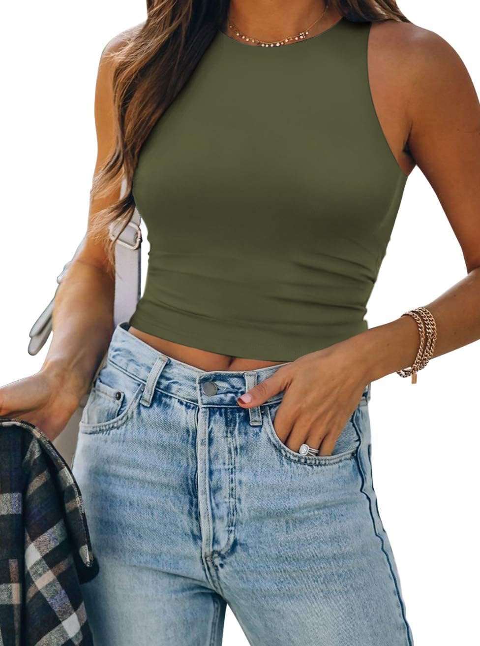 Women's Double Lined High Neck Crop Tank Olive