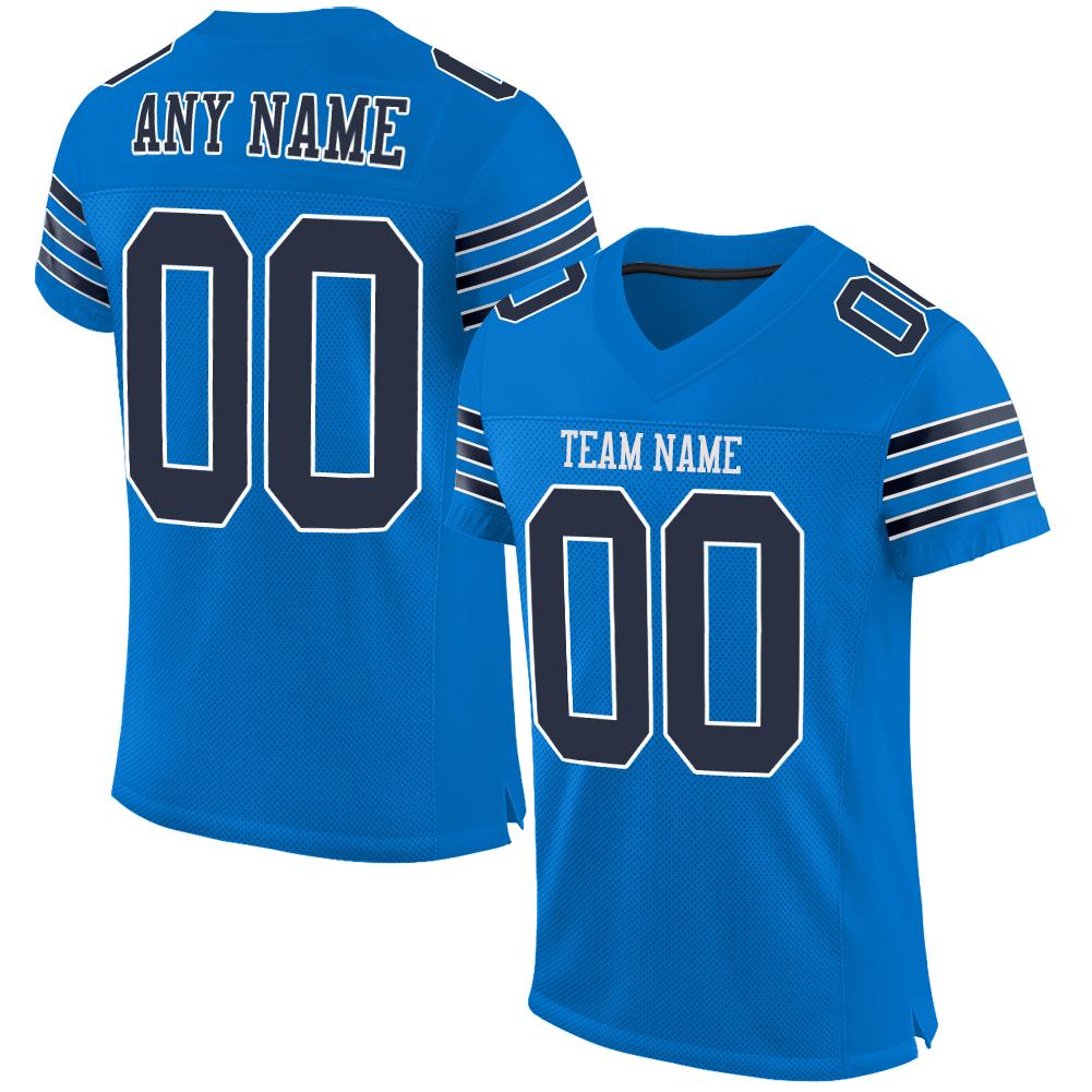 Maßgeschneidertes, authentisches Panther-Fußballtrikot aus Mesh in Marineblau und Weiß im klassischen Stil