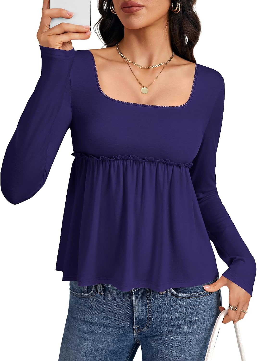 Women's Square Neck Long Sleeve Peplum Top Purple