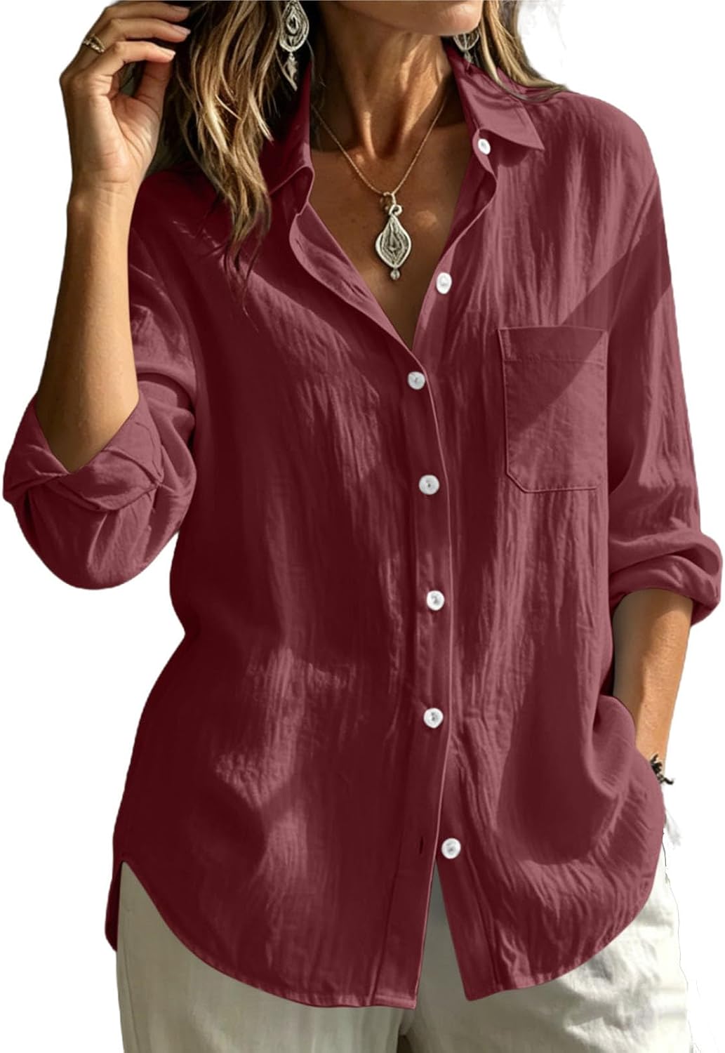 Womens Button Down Dress Shirts Fall Cotton Linen Textured Shirt Jacket Long Sleeve Collared Work Tops with Pocket