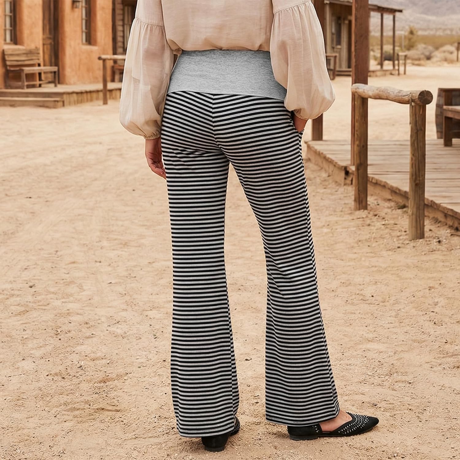 Women's Fold Over Low Rise Flare Leggings Striped