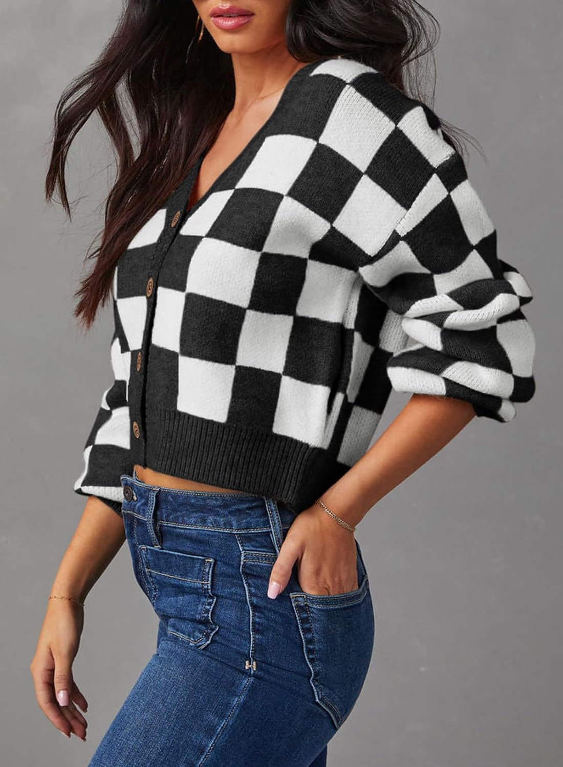 Womens Checkered V Neck Button Down Long Sleeve Cable Knit Cropped Cardigan Sweaters Tops Womens Checkered V Neck Button Down Long Sleeve Cable Knit Cropped Cardigan Sweaters Tops