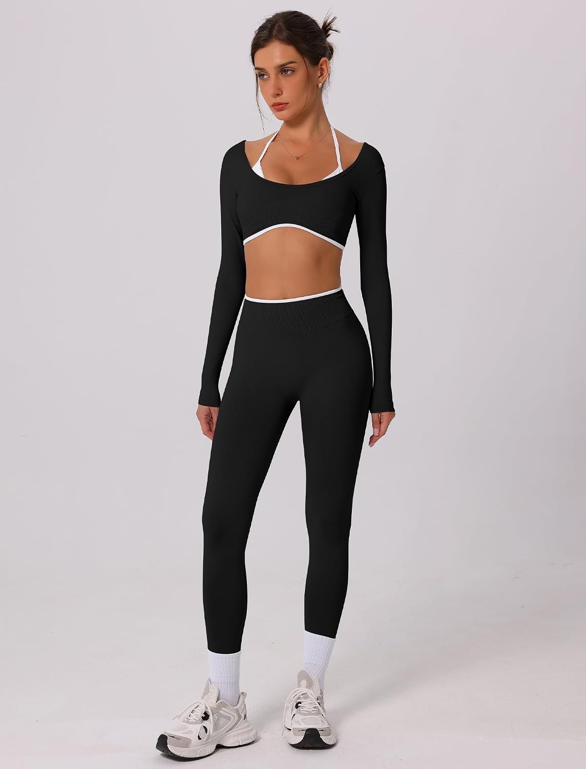 Women's Long Sleeve Crop Top and Leggings Set Black