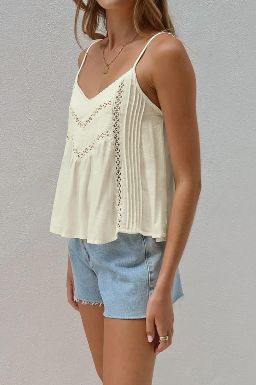 Womens Casual Adjustable Straps V Neck Linen Pleated Crochet Cami Shirt Tanks Tops