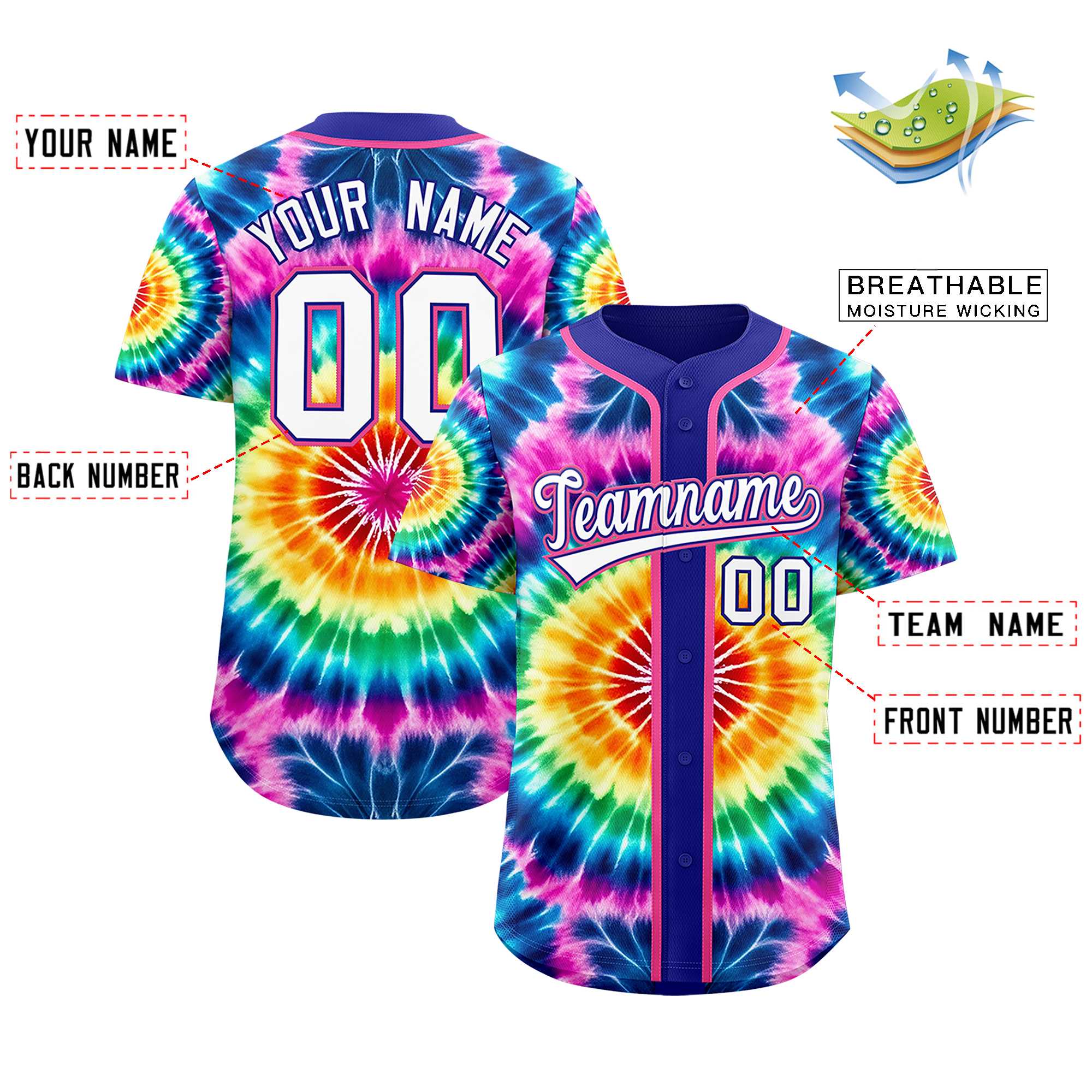 Authentisches Baseball-Trikot mit individuellem Tie-Dye-Graffiti-Muster Authentisches Baseball-Trikot mit individuellem Tie-Dye-Graffiti-Muster