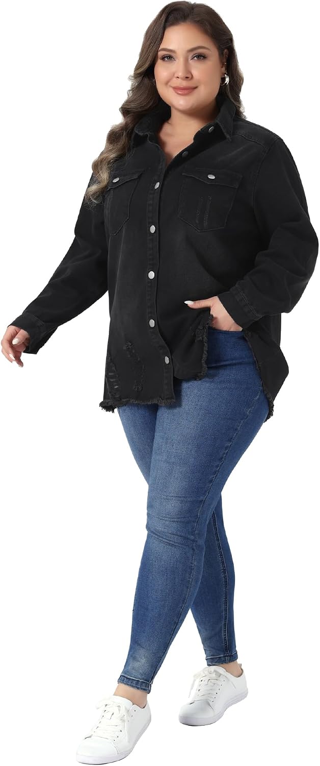 Women's Plus Size Washed Black Distressed Long Denim Jacket Women's Plus Size Washed Black Distressed Long Denim Jacket