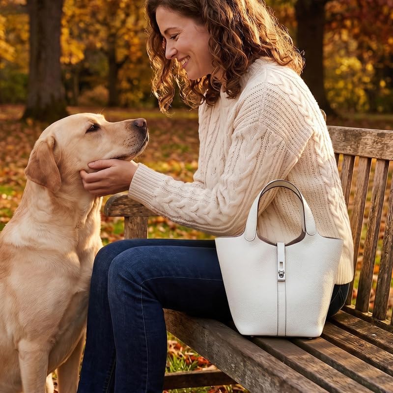 White Vegan Leather Bucket Tote Bag Silver Lock
