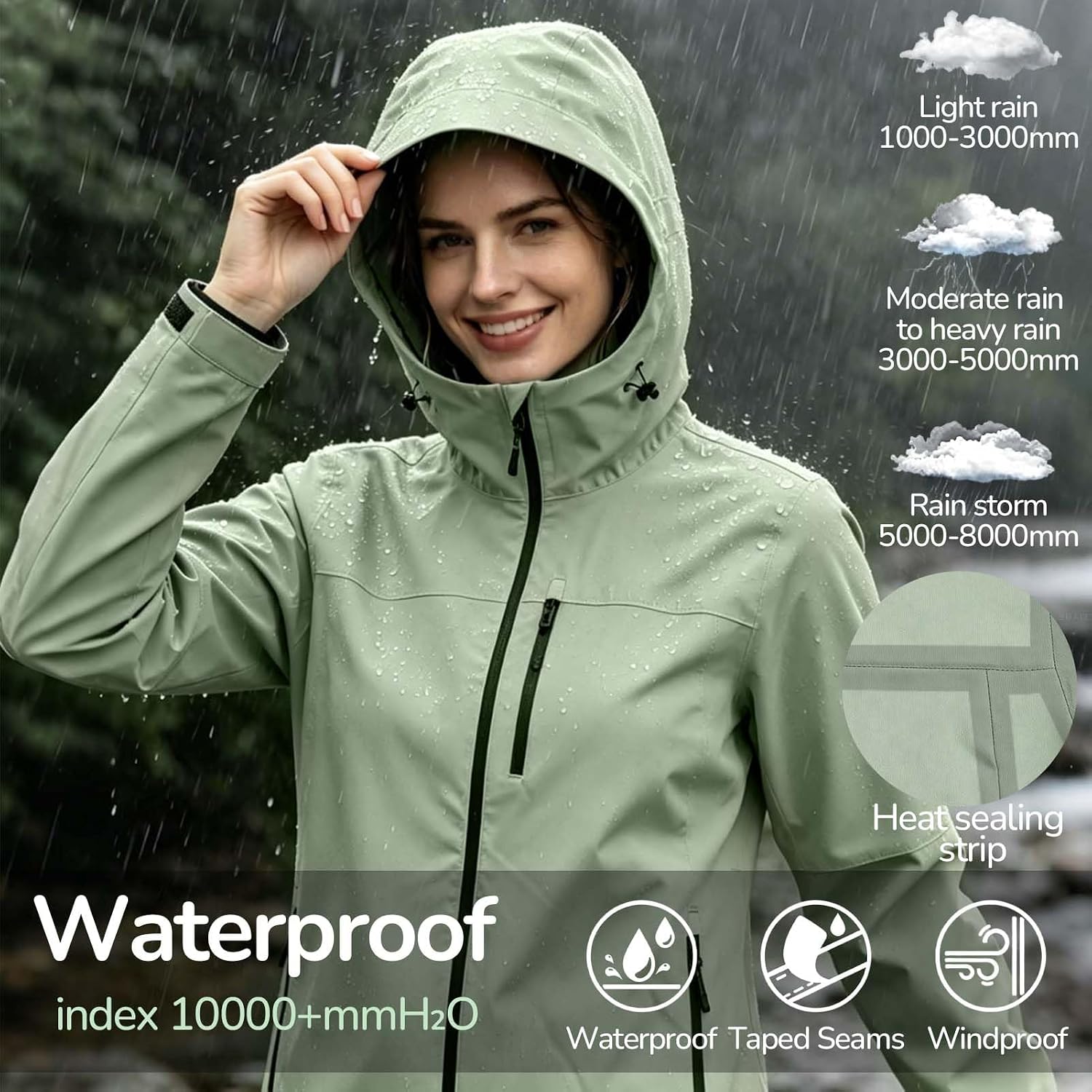 Women's Hooded Softshell Rain Jacket Waterproof Sage Green