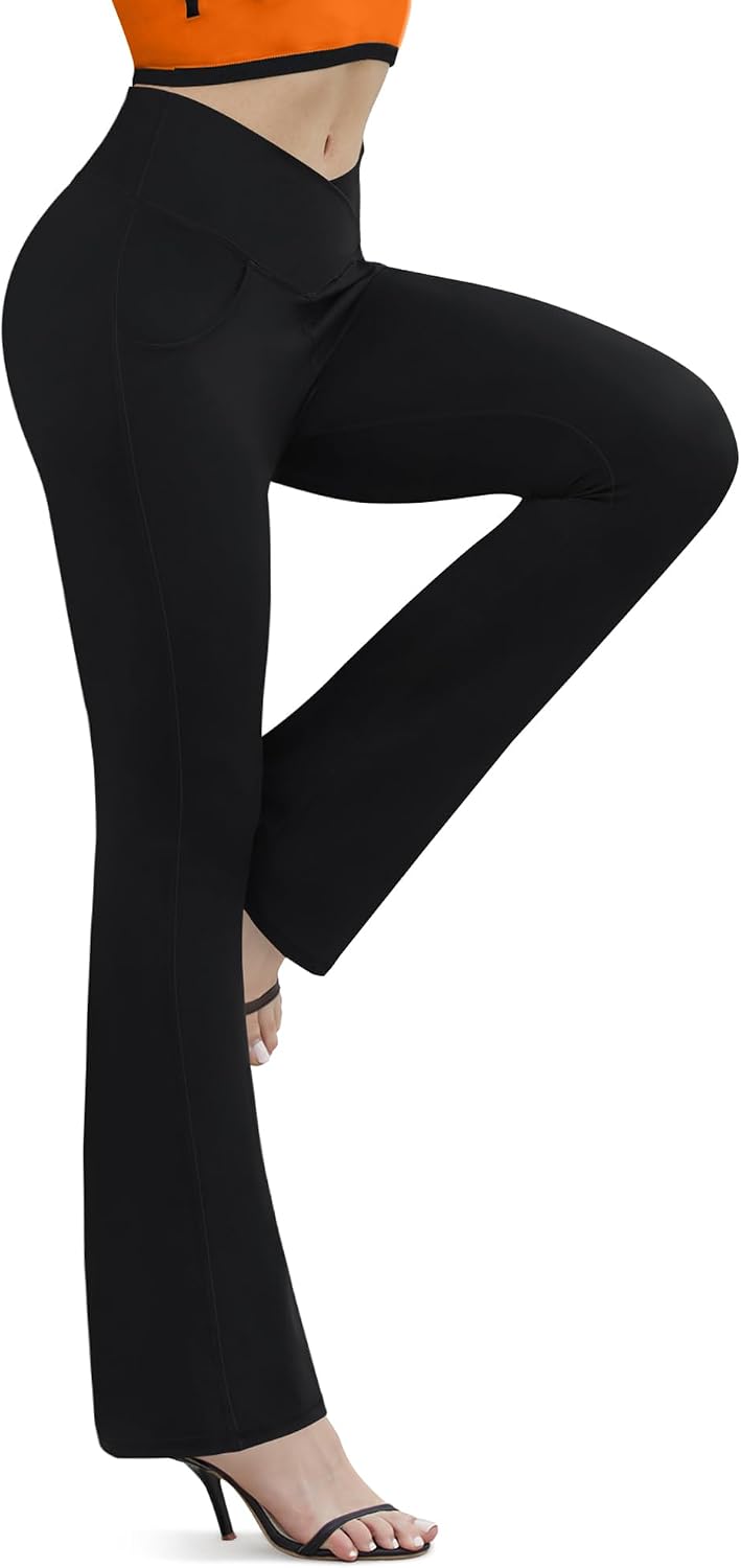 Women's Crossover Waist Flare Leggings with Pockets (Black)