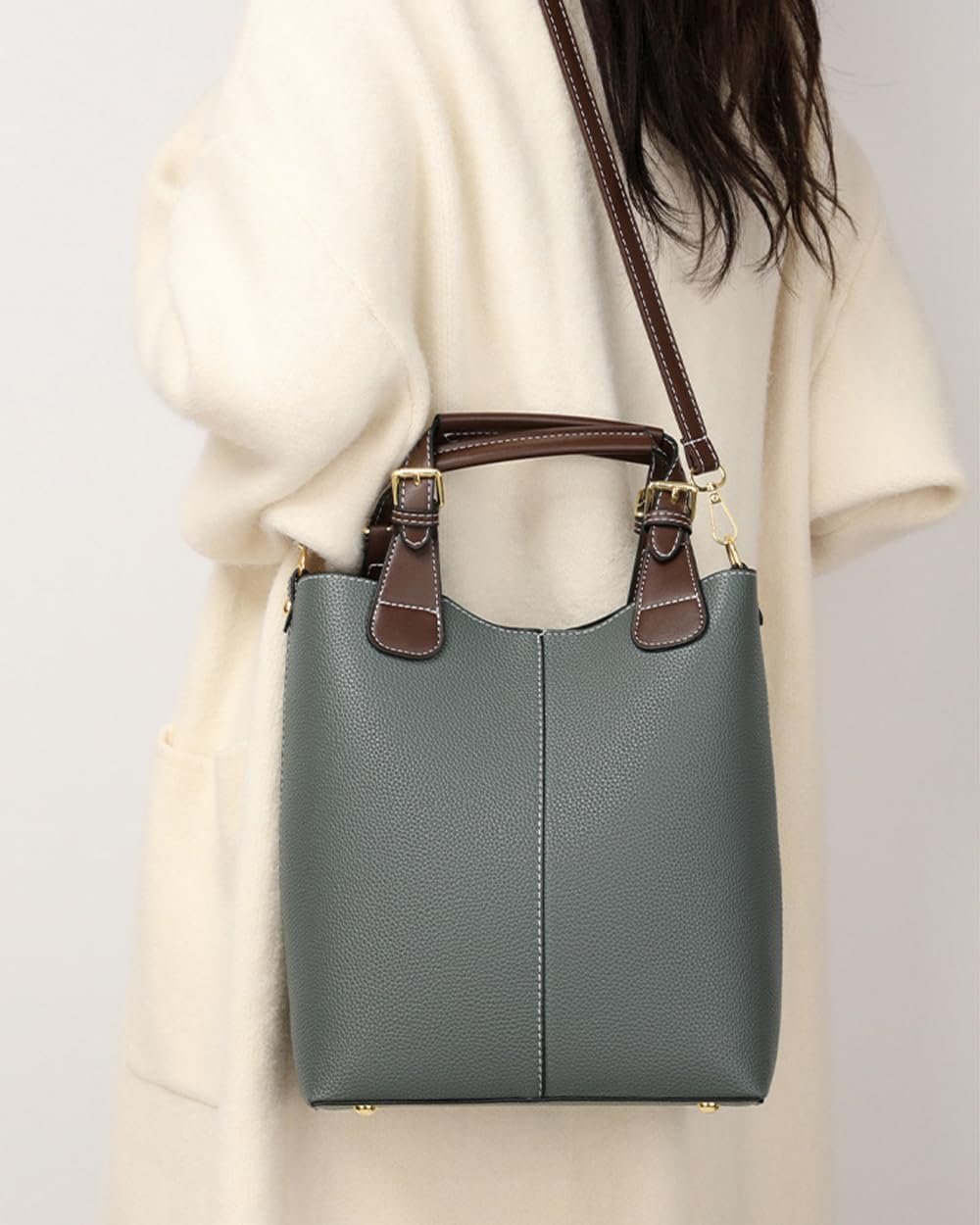 Women's Vegan Leather Bucket Handbag with Strap, Green Women's Vegan Leather Bucket Handbag with Strap, Green
