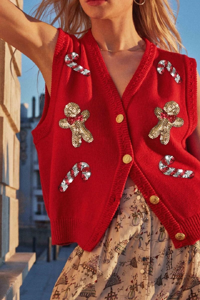 Women's Sequin Gingerbread V Neck Sweater Vest