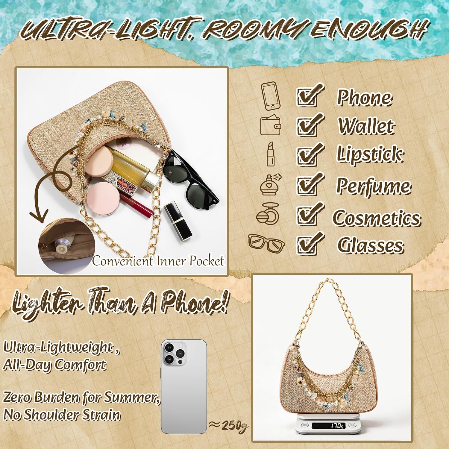 Women's Straw Shell Charm Shoulder Bag