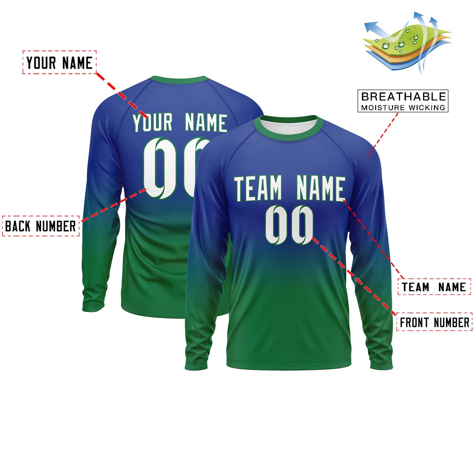 Maßgeschneidertes Royal-Kelly Green Gradient Fashion Design Langarm-Performance-T-Shirt