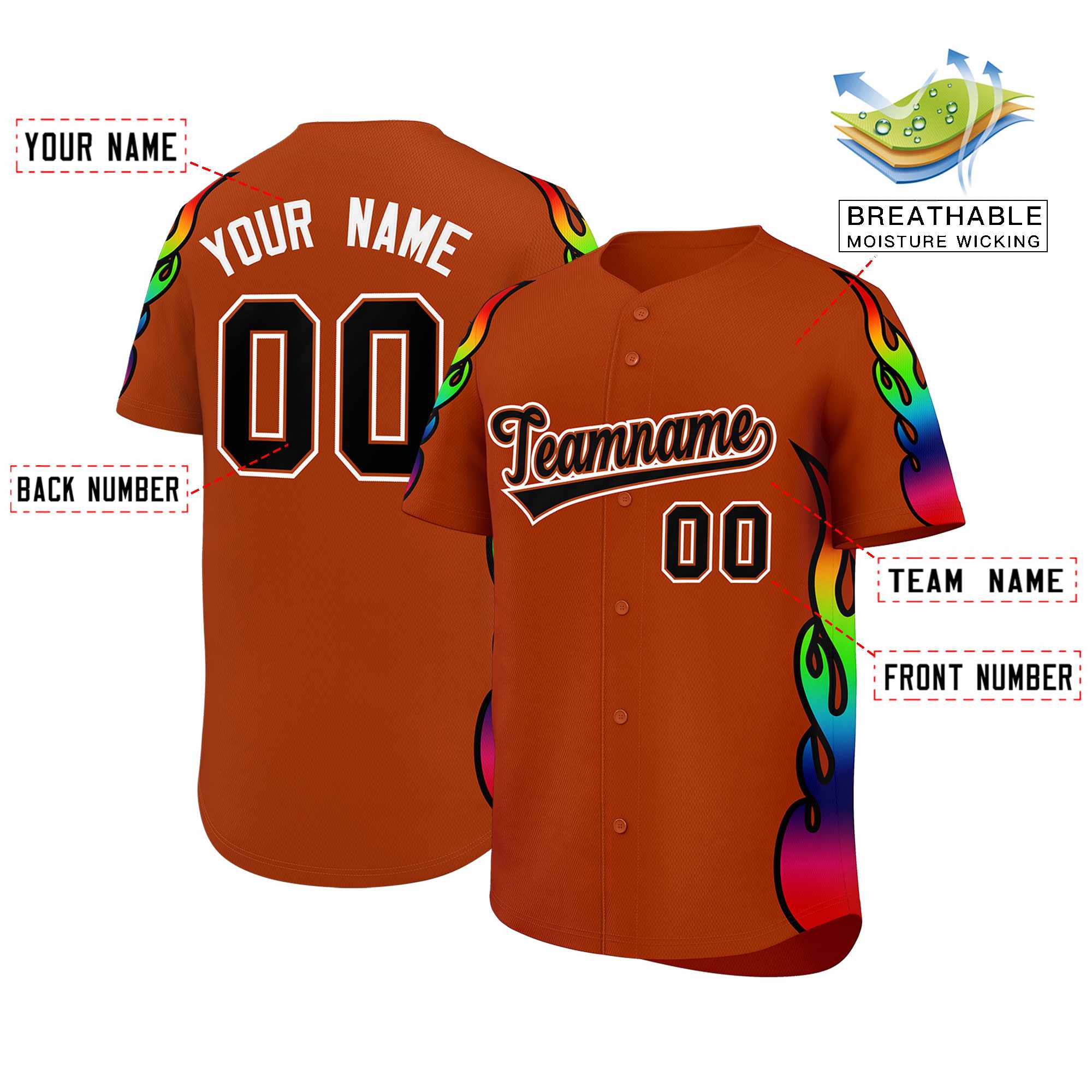 Benutzerdefiniertes Graffiti-Muster, personalisierter mehrfarbiger Flammendruck, authentisches Baseball-Trikot
