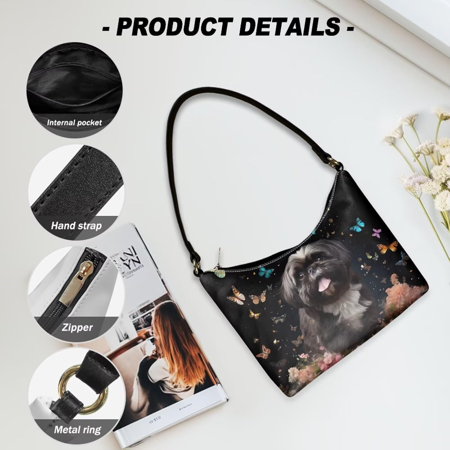 Women's Shih Tzu Print Crescent Shoulder Bag with Zipper