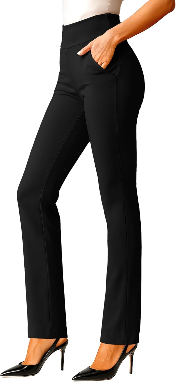 Womens Dress Pants with Tummy Control - Wear to Work Stretch High Waisted Slacks Pockets Medium