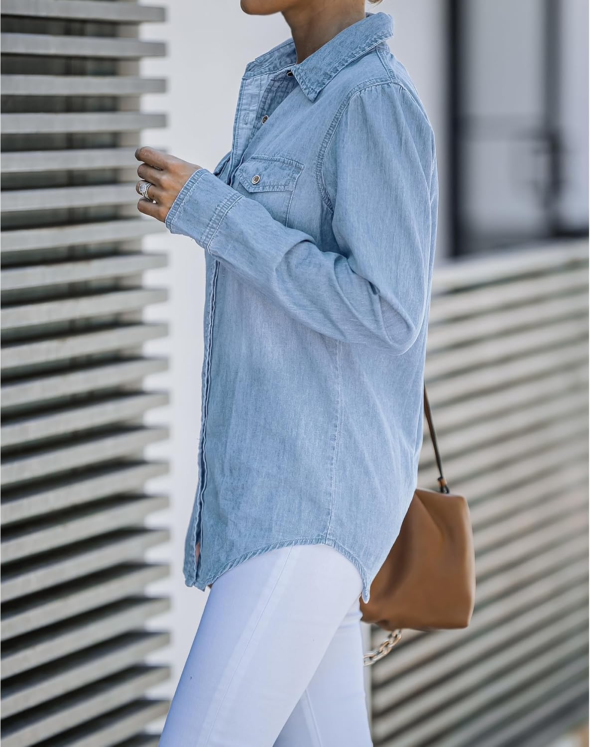 Women's Light Wash Denim Shirt Long Sleeve Collared Women's Light Wash Denim Shirt Long Sleeve Collared