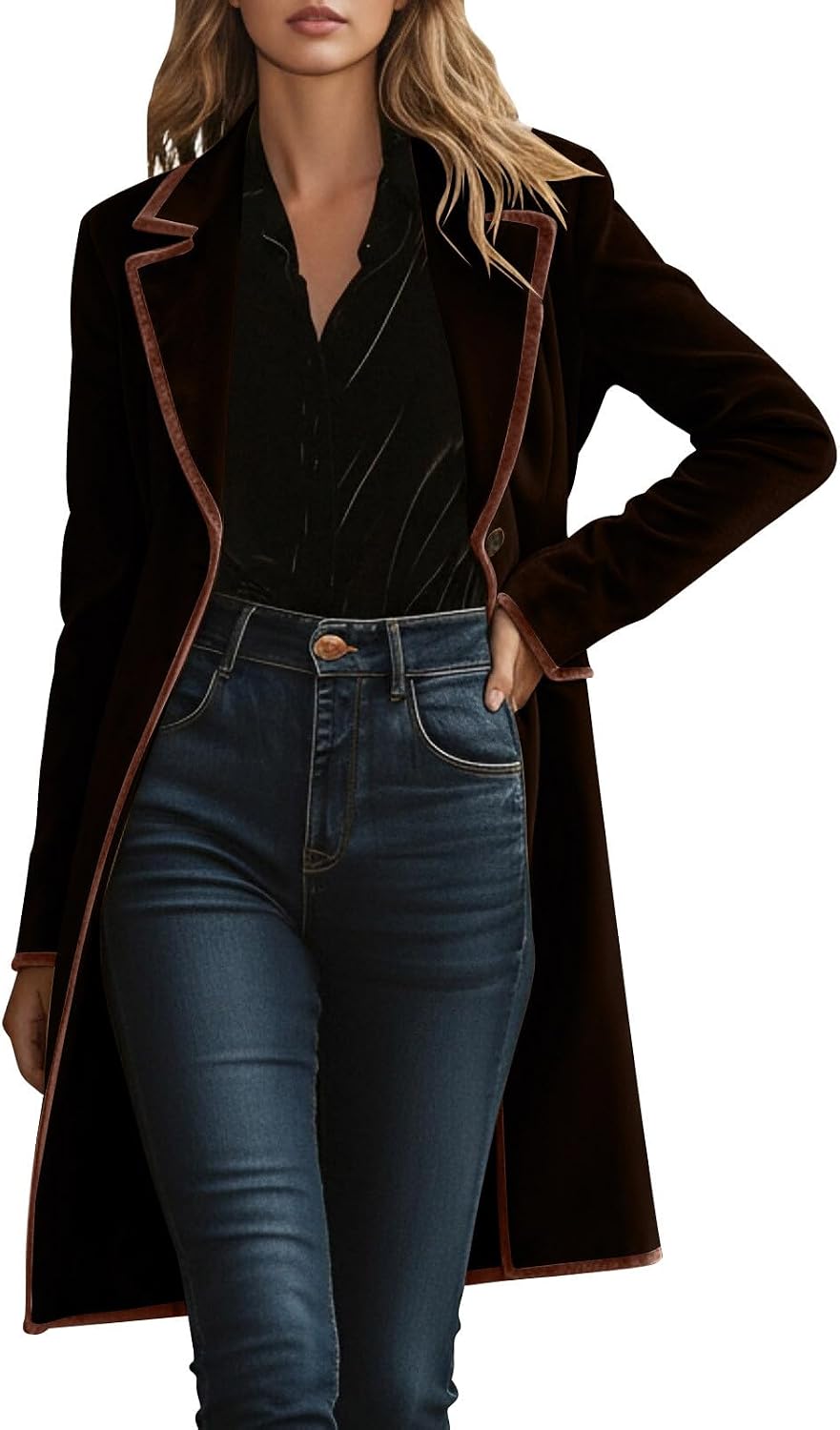 Women's Velvet Open Front Long Trench Coat Elegant Blazer Suit Jacket Sleeve Lapel Collar Outerwear Jackets Women's Velvet Open Front Long Trench Coat Elegant Blazer Suit Jacket Sleeve Lapel Collar Outerwear Jackets