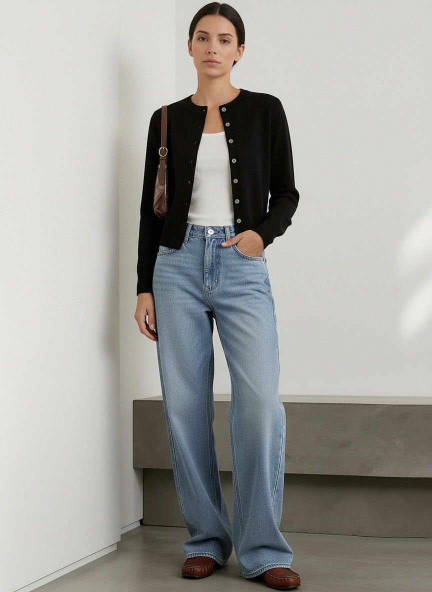 Women's Lightweight Spring Cardigan Long Sleeve Knit Crop Sweater Button Open Front Crewneck Jacket