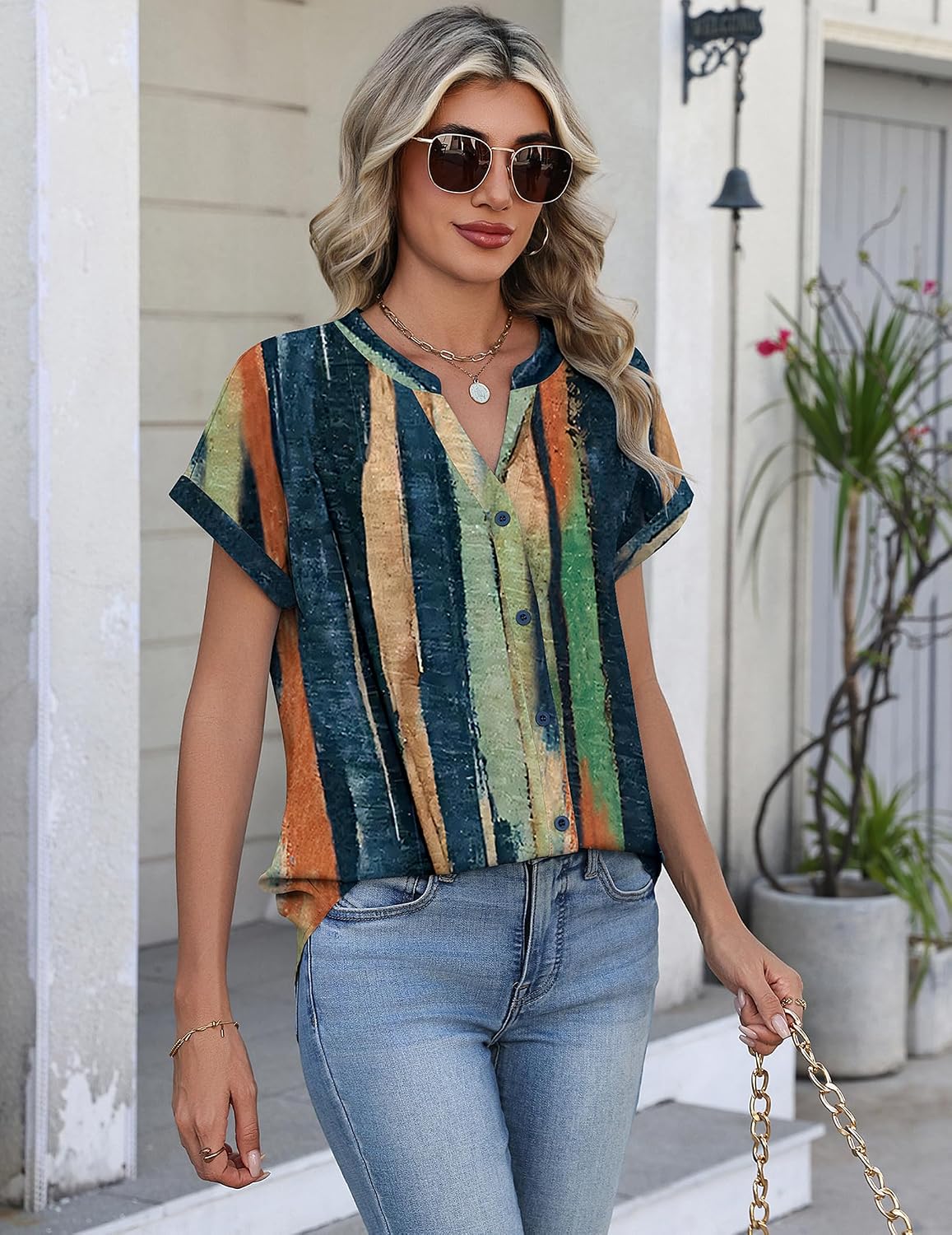 Button Down Shirts for Women Short Sleeve Tops V Neck Collar Blouses Business Casual Outfits
