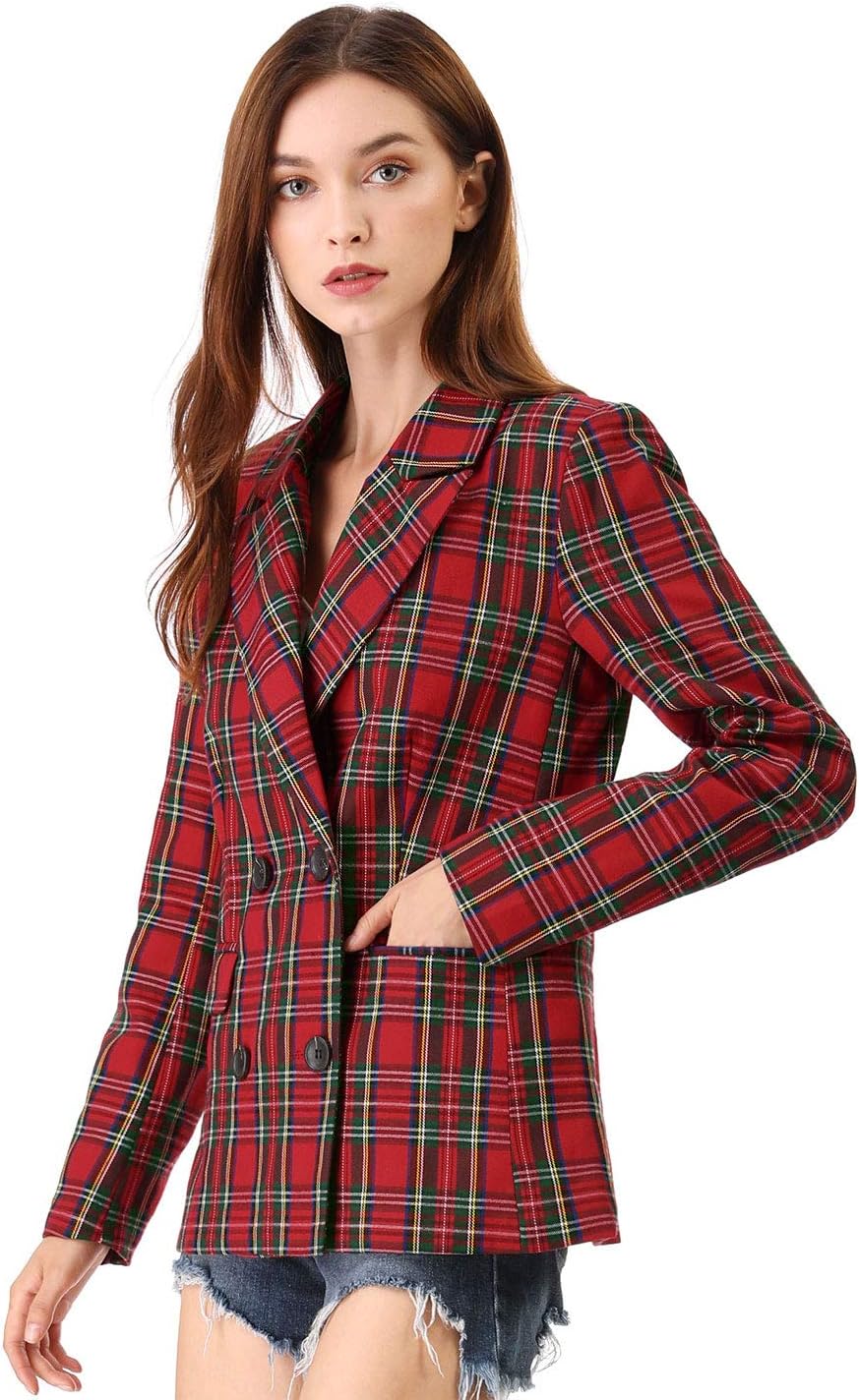Women's Notched Lapel Double Breasted Christmas Work Formal Blazer Jacket