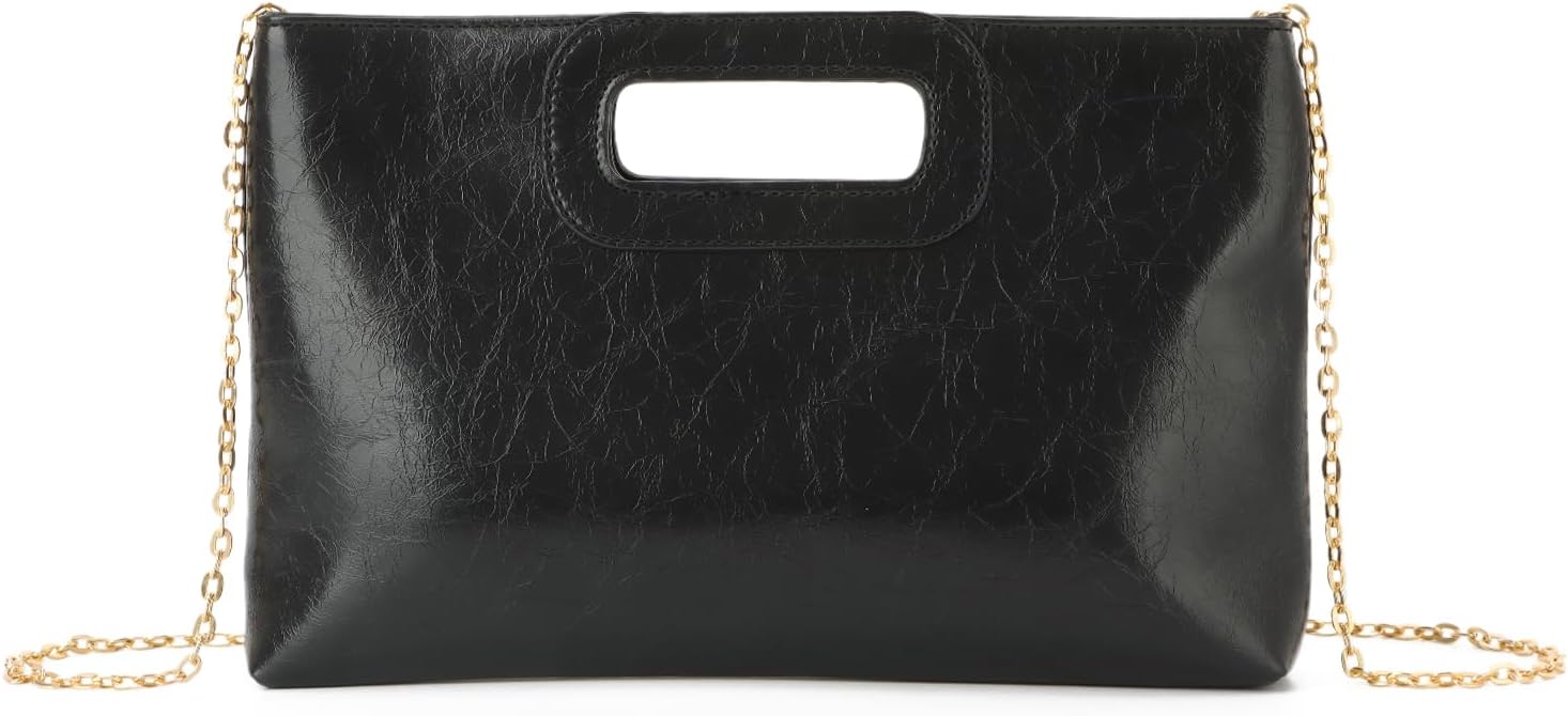 Women's Black Cutout Handle Clutch with Gold Chain