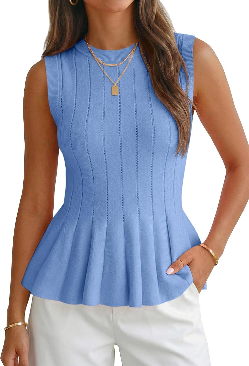 Women's Crew Neck Ribbed Knit Peplum Tank