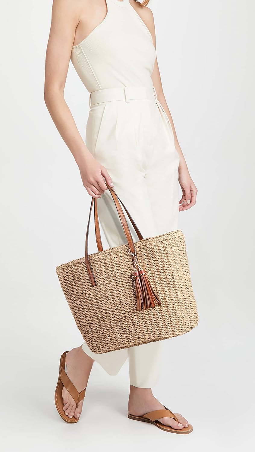 Women's Straw Tote Bag Beige Tassel