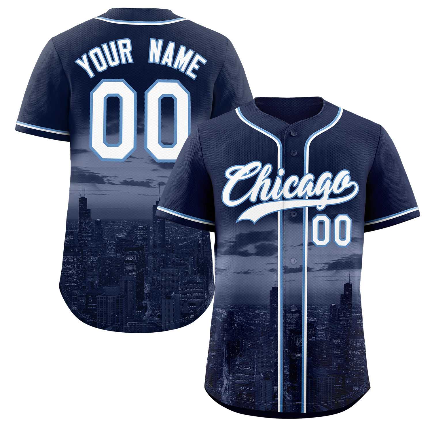 Benutzerdefiniertes weiß-hellblaues Chicago City Skyline Baseball-Trikot